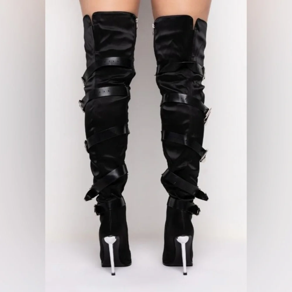 Black Vegan Leather Tall Slouchy Knee High Stiletto Heel Boots